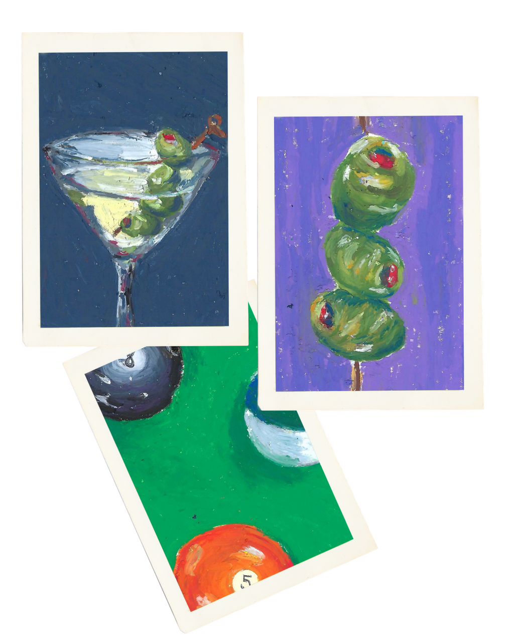 Three small art prints with white borders are arranged on a white background. The top-left print shows a martini glass with green olives on a dark blue background.