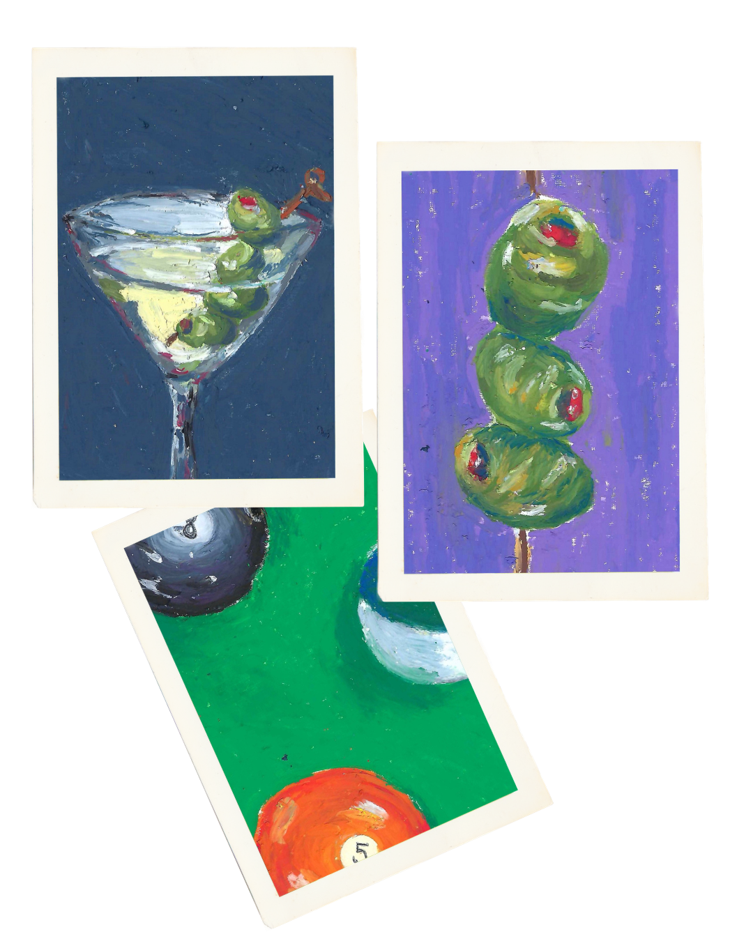Three small art prints with white borders are arranged on a white background. The top-left print shows a martini glass with green olives on a dark blue background.